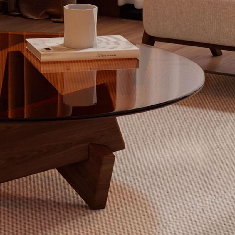 Round Glass Coffee Table with Solid Wood Abstract Base Y7993