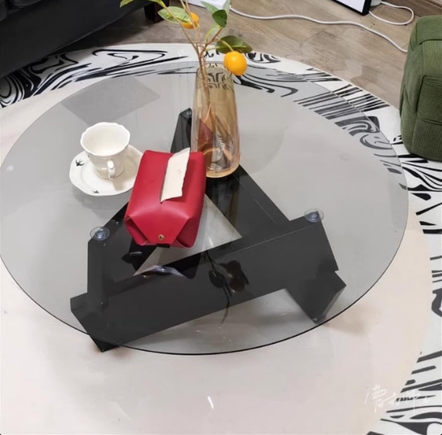 Round Glass Coffee Table with Solid Wood Abstract Base Y7993