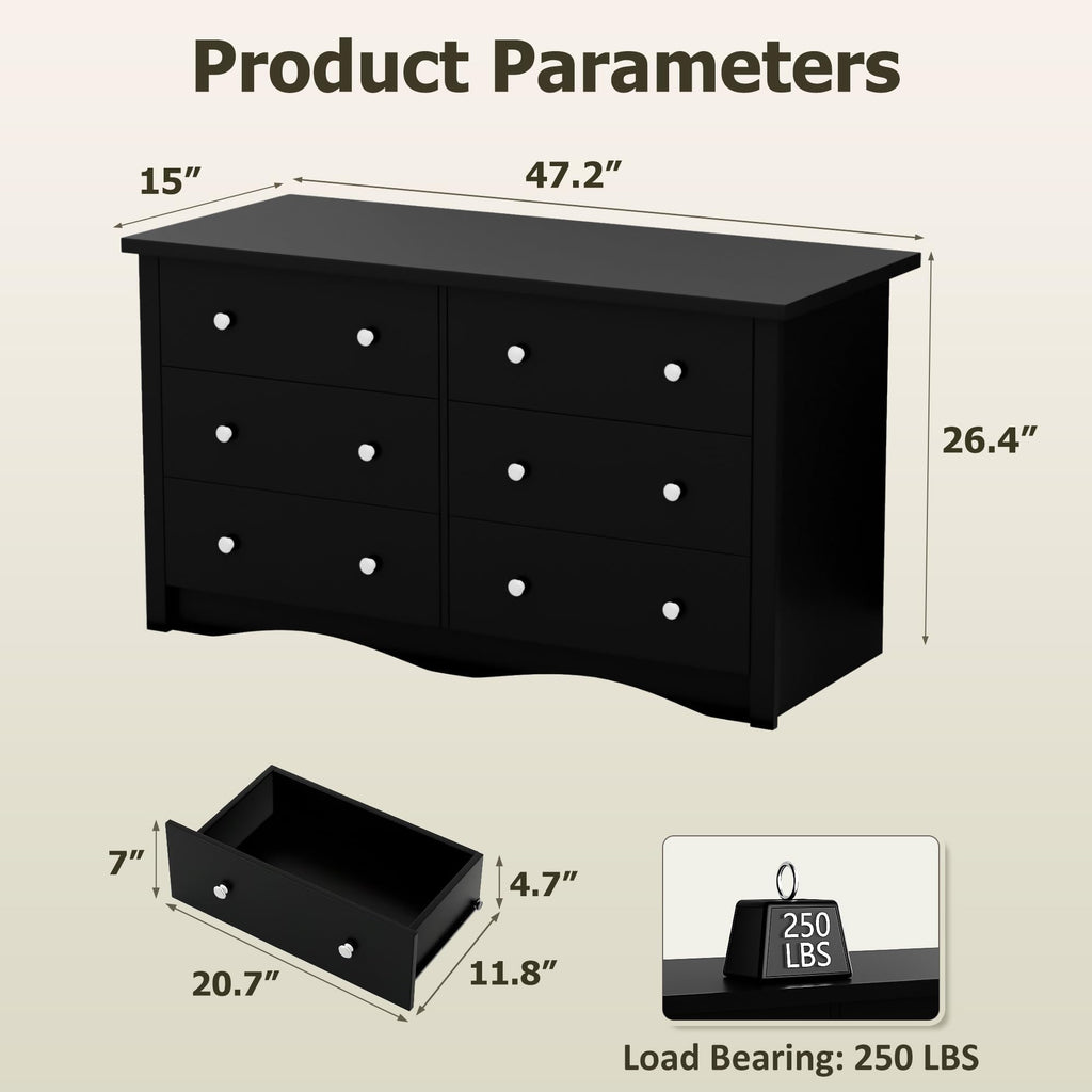 Black 6 Drawer Wood Dresser W7348