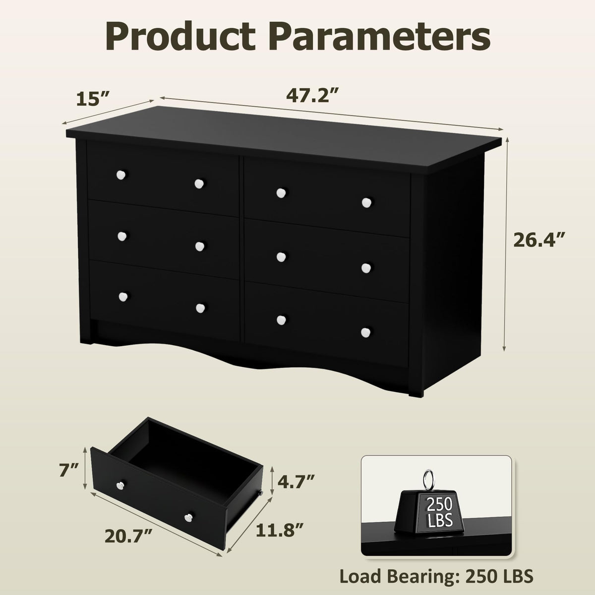 Black 6 Drawer Wood Dresser W7348