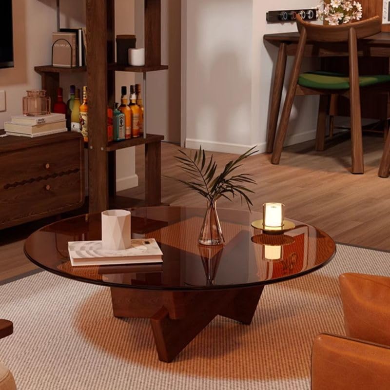 Round Glass Coffee Table with Solid Wood Abstract Base Y7993