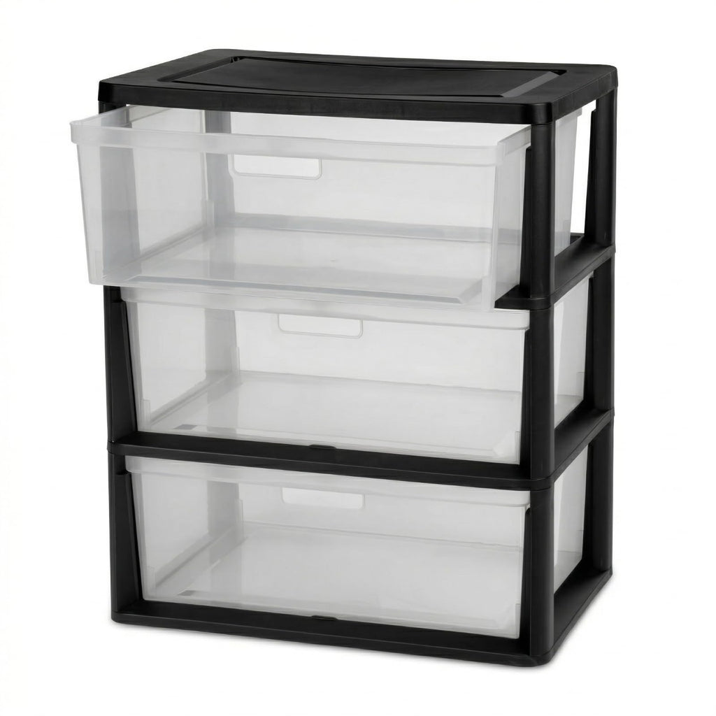 Black 3 Drawer Storage Organizer Tower with Clear Plastic Bins G4372