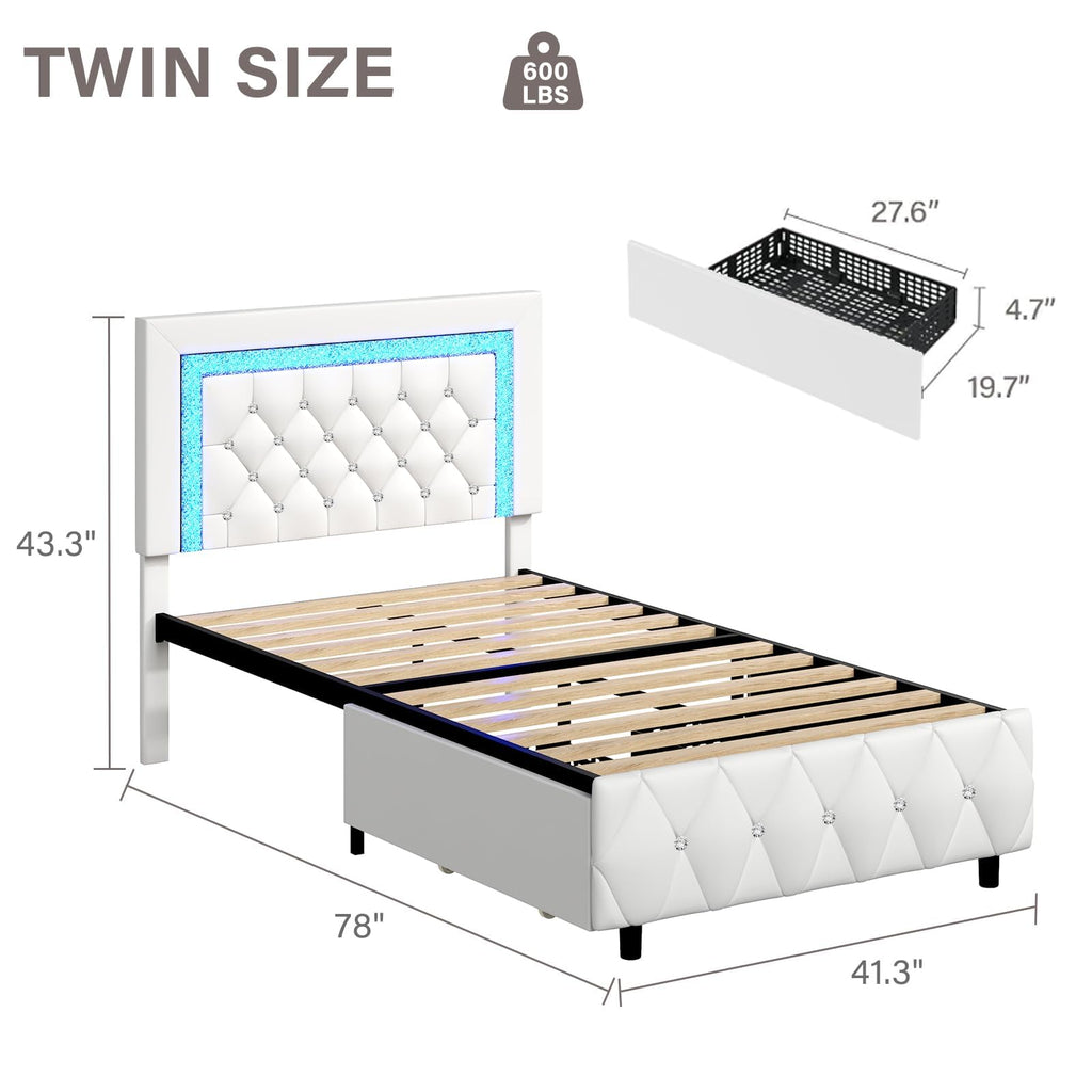 White Twin Bed Frame with Storage Drawers and LED Lights Y5089