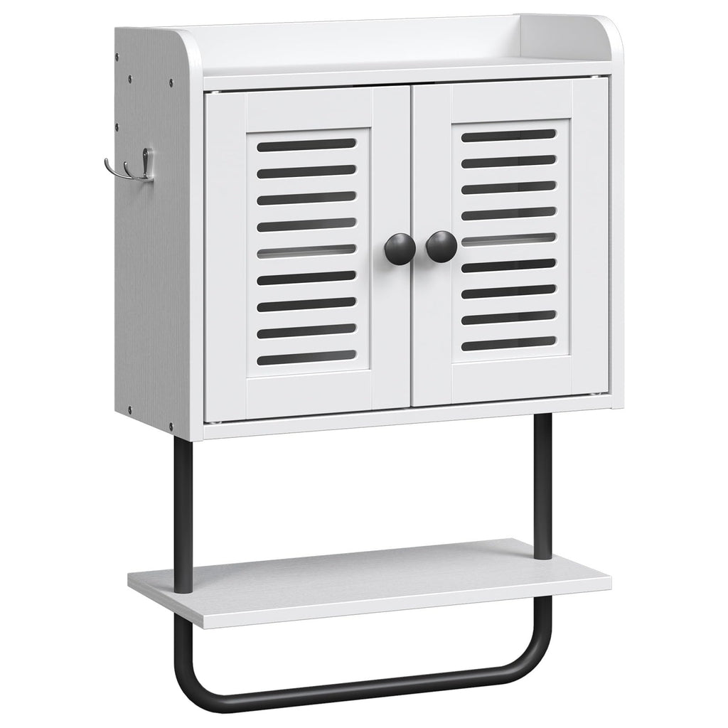 White Double Doors Bathroom Wall Cabinet with Towel Bar, Adjustable Shelf, 2 Hooks H942494