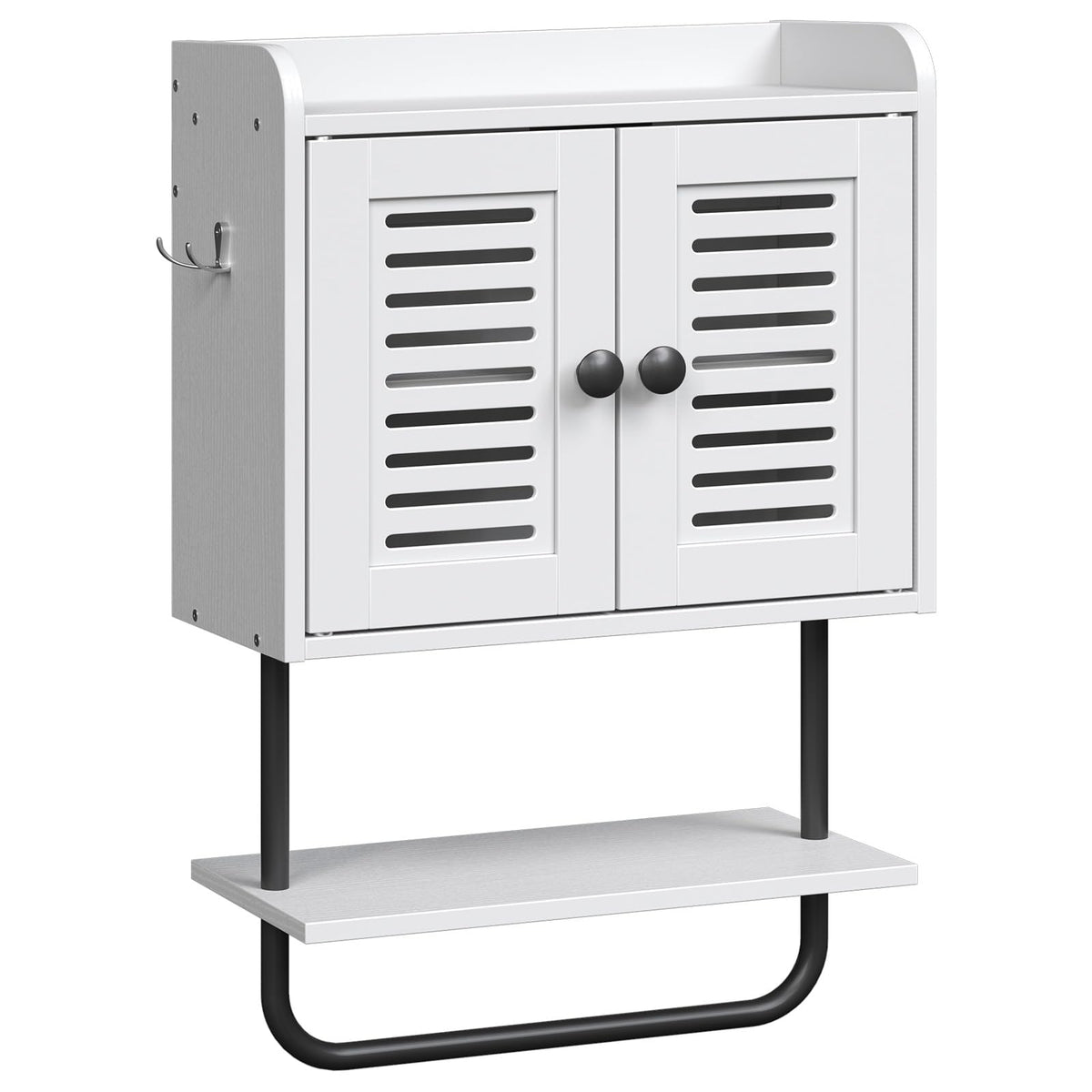 White Double Doors Bathroom Wall Cabinet with Towel Bar, Adjustable Shelf, 2 Hooks H942494