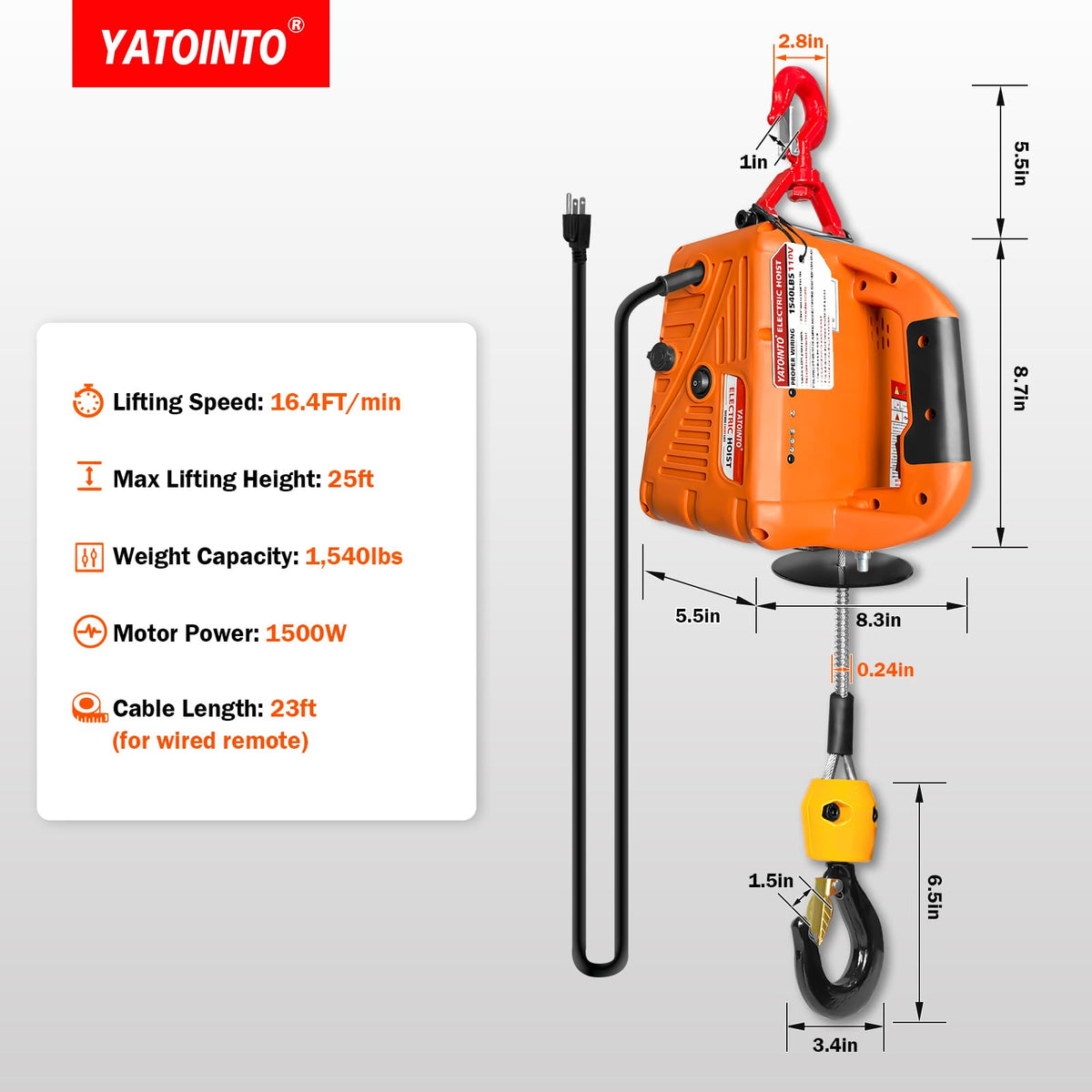 3-in-1 Electric Hoist Winch 1540 lbs 120V with Remote A548