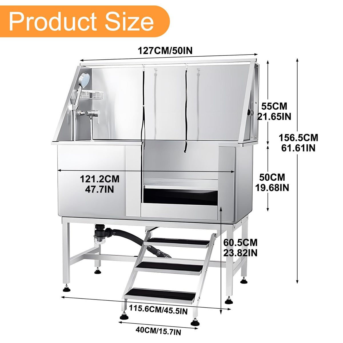 Stainless Steel Dog Grooming Tub with Stairs and Faucet T554