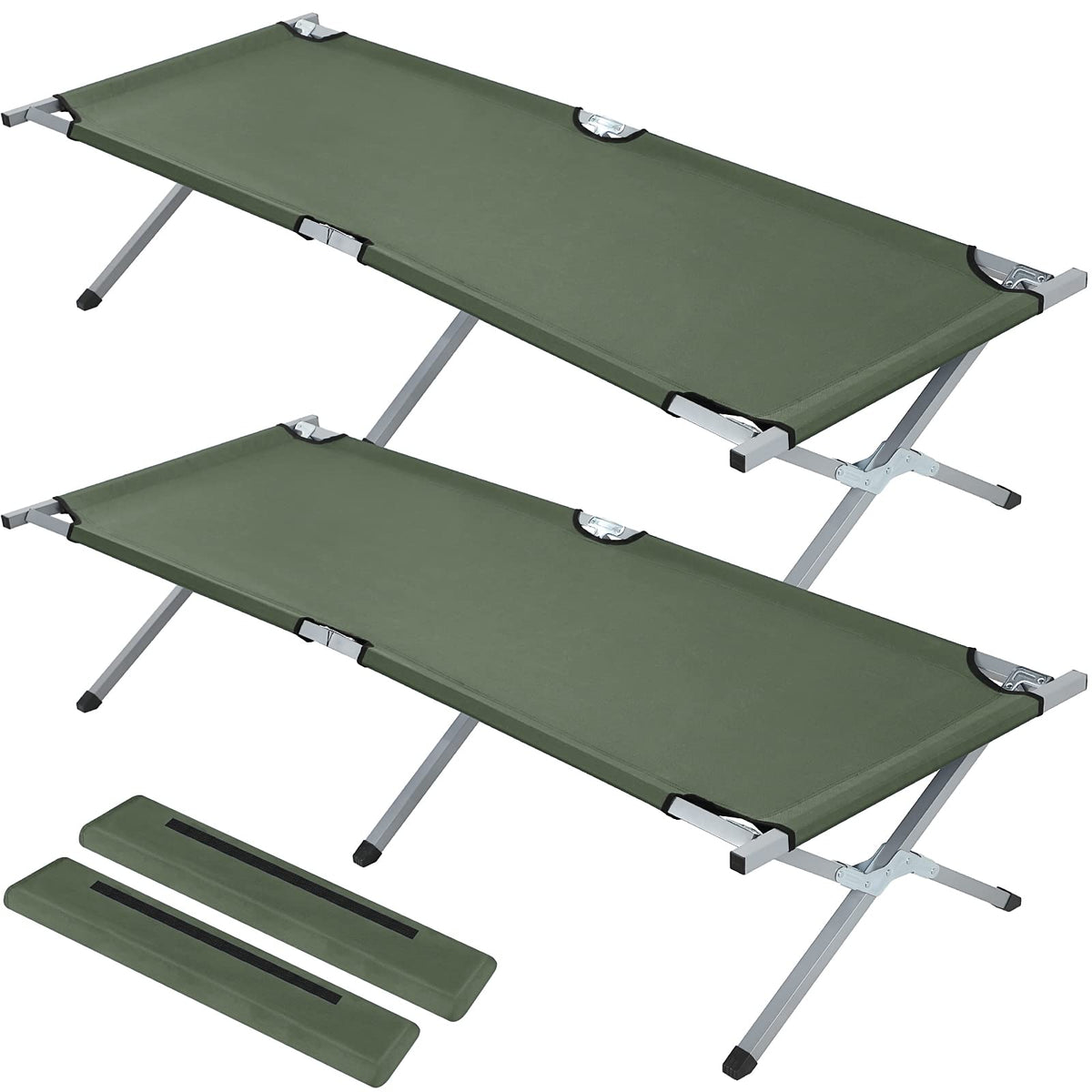 2 Pcs Army Green Folding Camping Cot Bed with Carry Bag W121356