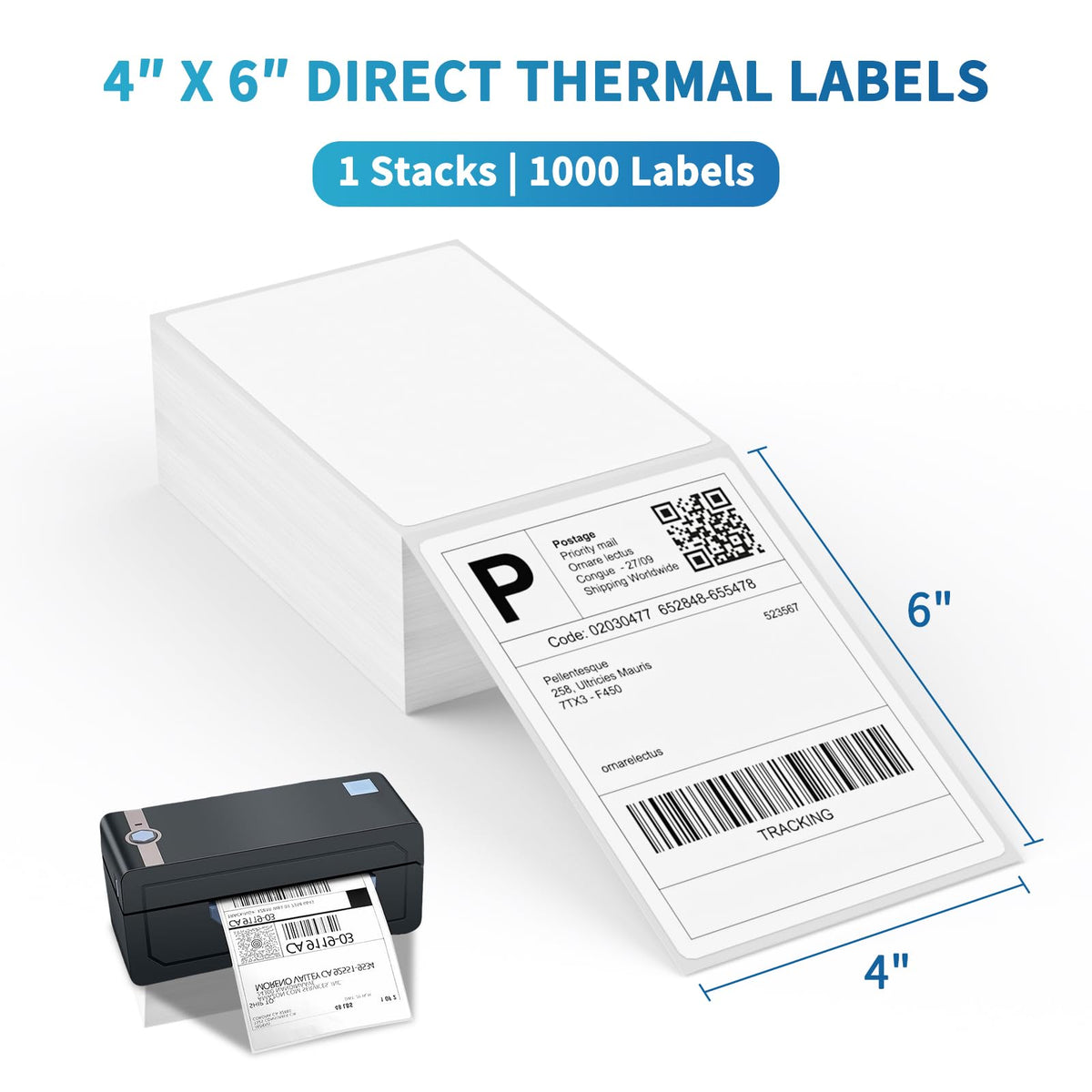 4 x 6 White Perforated Direct Thermal Labels, 1000 per Stack H347