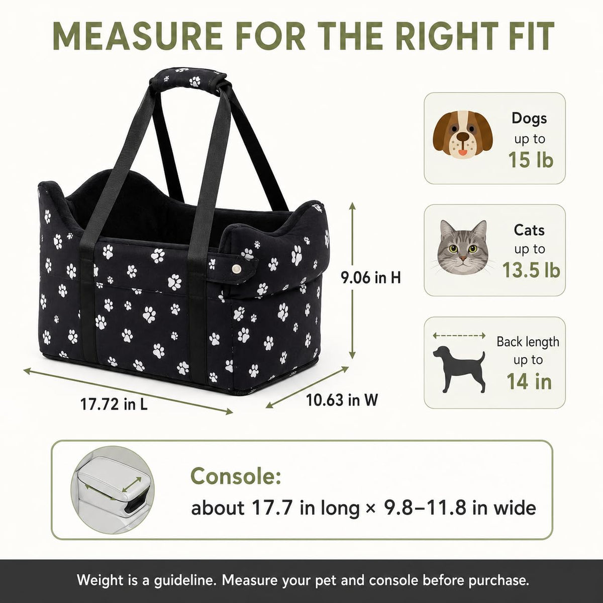 Center Console Dog Car Seat for Small Dogs Under 15 lbs Black E8186