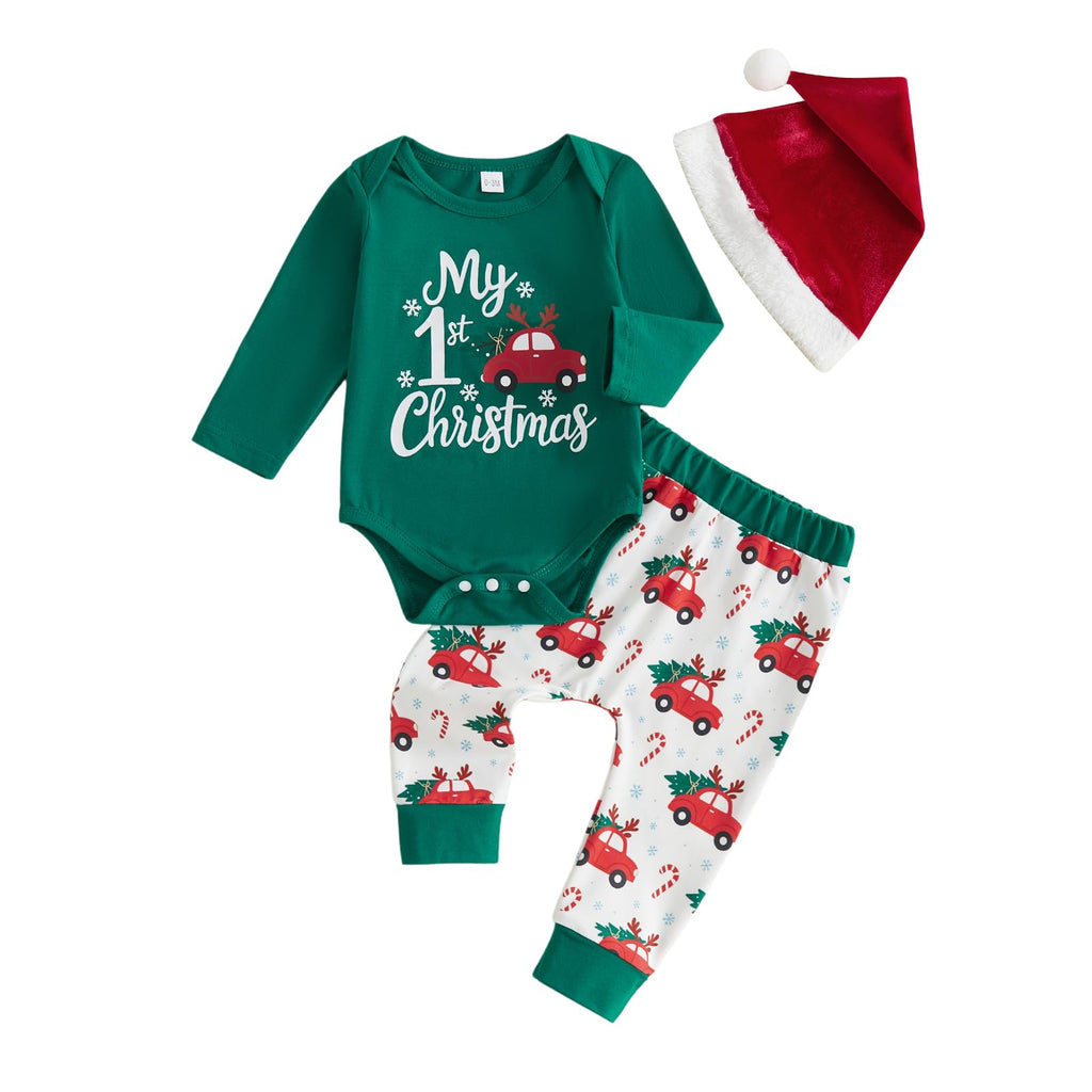 My First Christmas Baby Boy Outfit Romper Pants Hat Q76850
