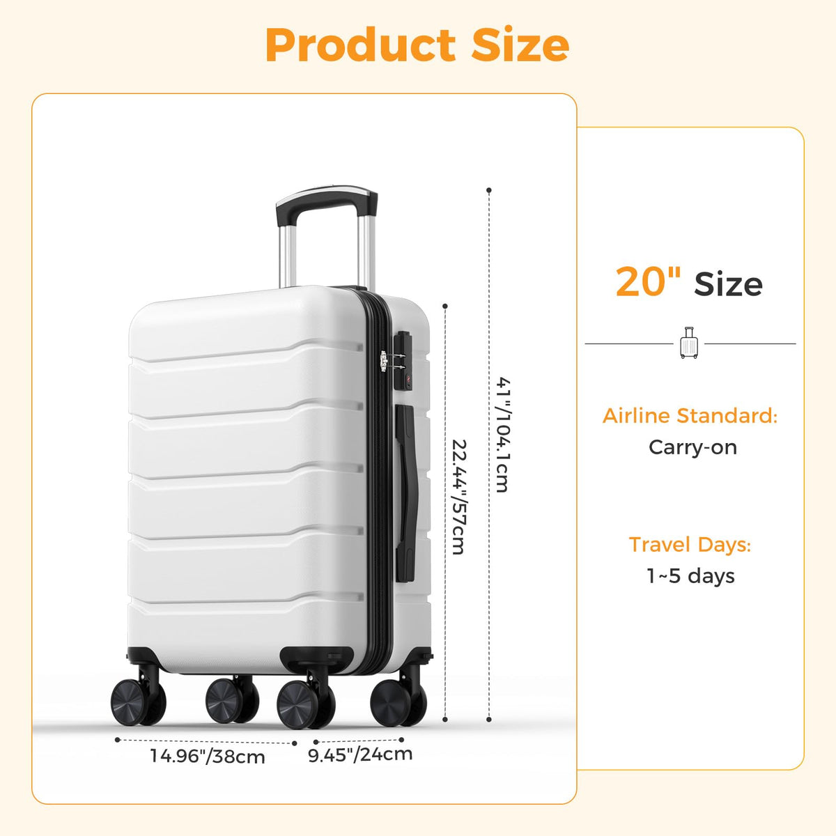 20 Inch White Hard Shell Carry on Luggage D8836