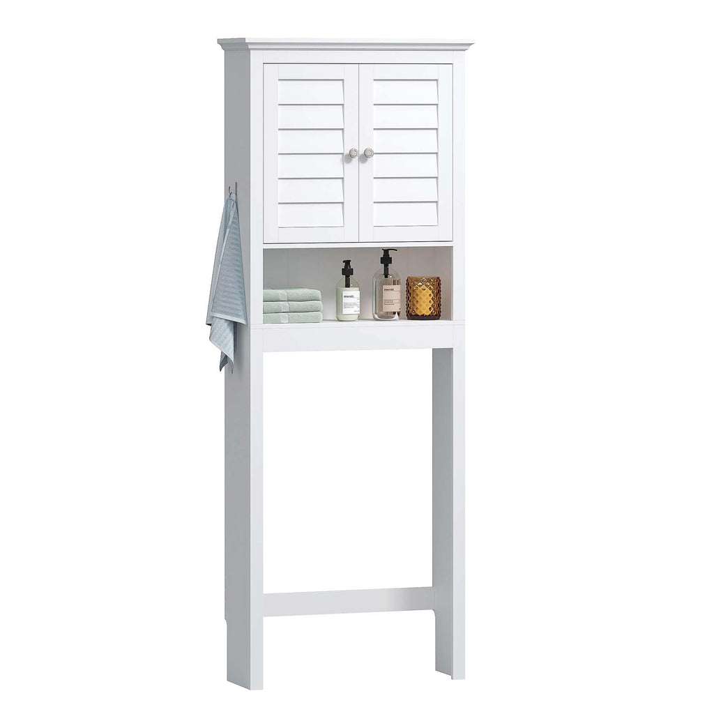 White Over The Toilet Storage Cabinet with Louvered Doors & Hooks R8893