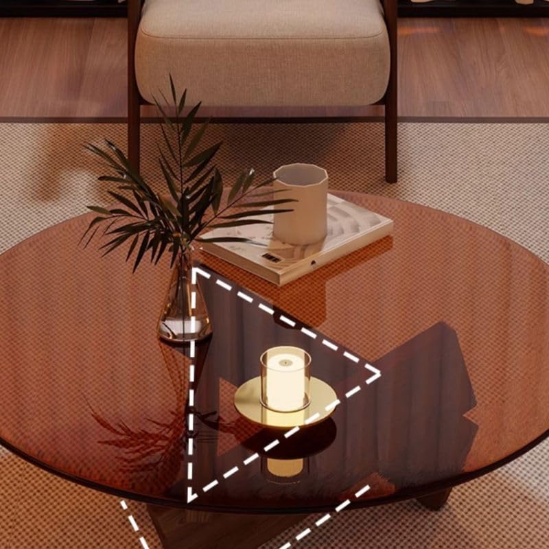 Round Glass Coffee Table with Solid Wood Abstract Base Y7993