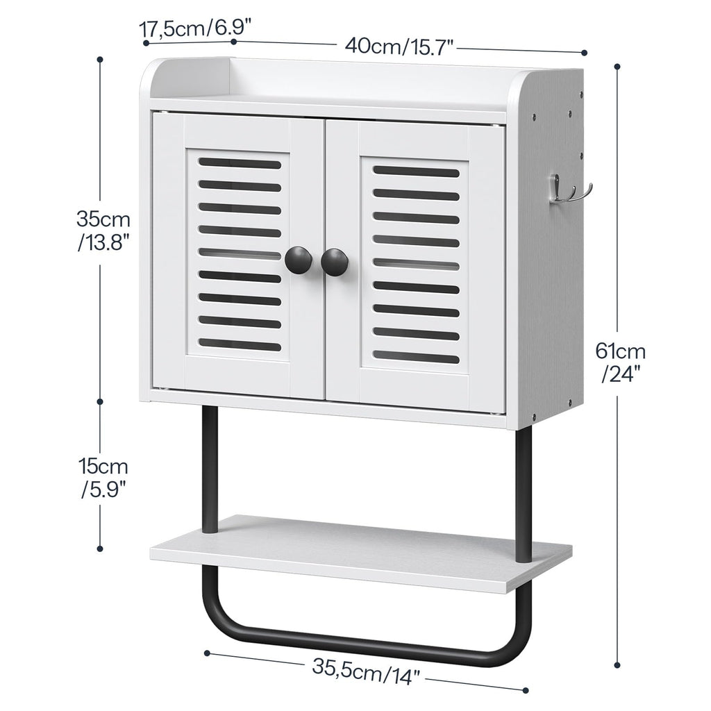White Double Doors Bathroom Wall Cabinet with Towel Bar, Adjustable Shelf, 2 Hooks H942494