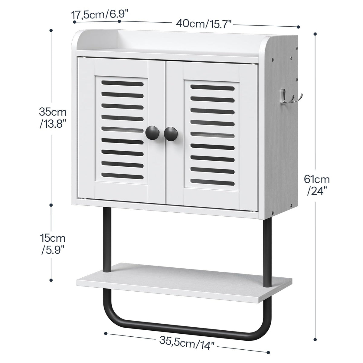 White Double Doors Bathroom Wall Cabinet with Towel Bar, Adjustable Shelf, 2 Hooks H942494