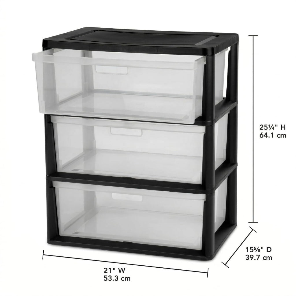 Black 3 Drawer Storage Organizer Tower with Clear Plastic Bins G4372