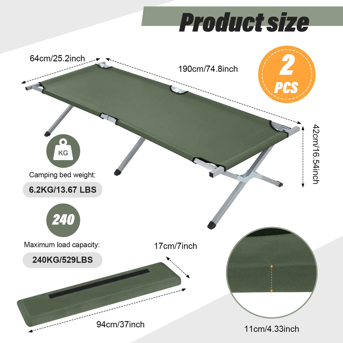 2 Pcs Army Green Folding Camping Cot Bed with Carry Bag W121356