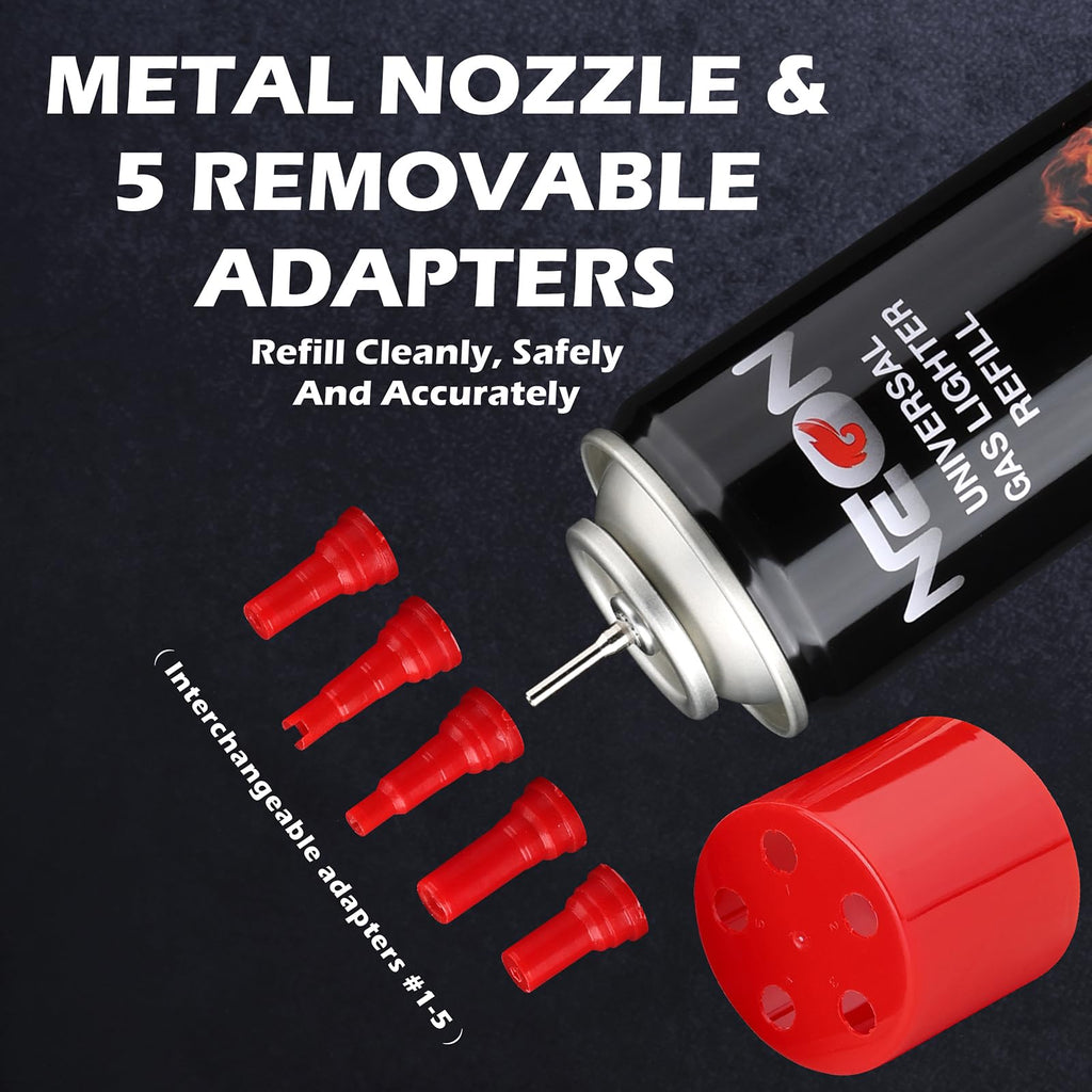 300ml Butane Fuel Refill with Metal Nozzle & 5 Adapters, 12 Cans V130