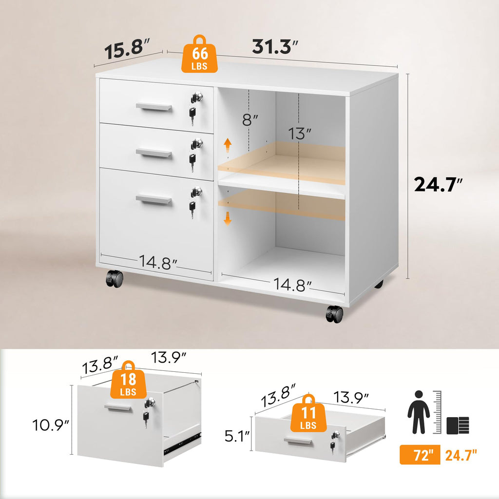 White 3 Drawer Wood File Cabinet with Lock B462282