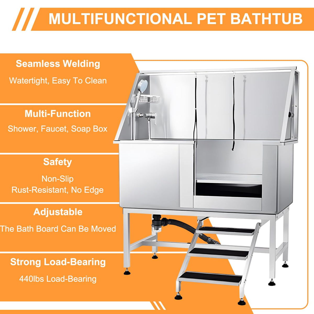 Stainless Steel Dog Grooming Tub with Stairs and Faucet T554