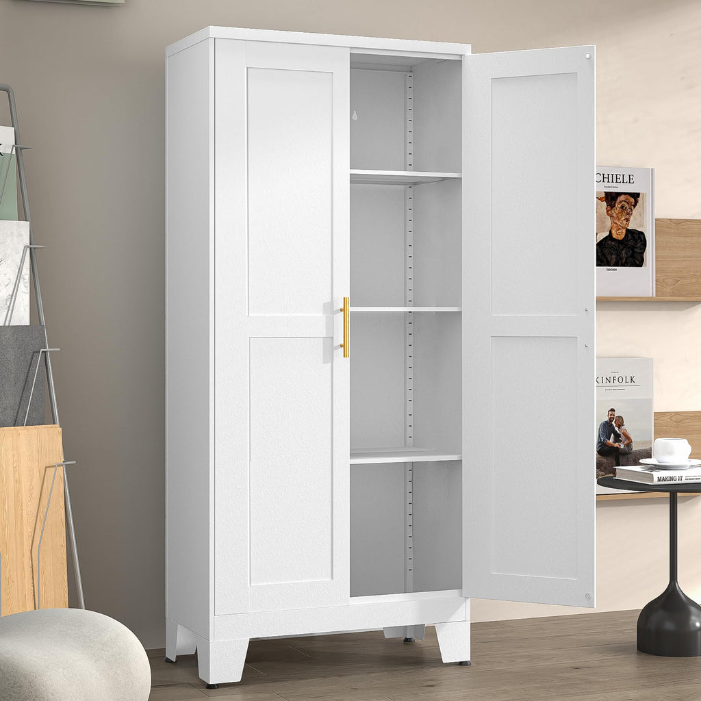 White Metal Pantry Cabinet with 2 Doors and Adjustable Shelves K490351