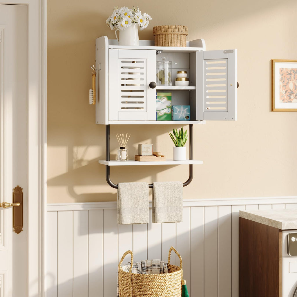 White Double Doors Bathroom Wall Cabinet with Towel Bar, Adjustable Shelf, 2 Hooks H942494