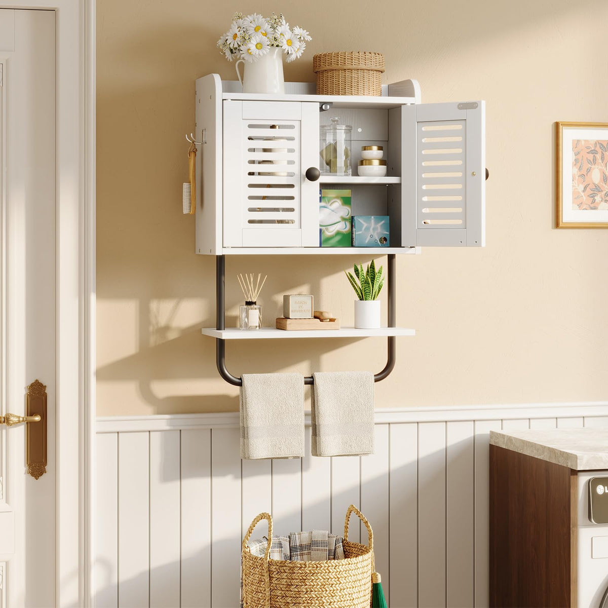 White Double Doors Bathroom Wall Cabinet with Towel Bar, Adjustable Shelf, 2 Hooks H942494