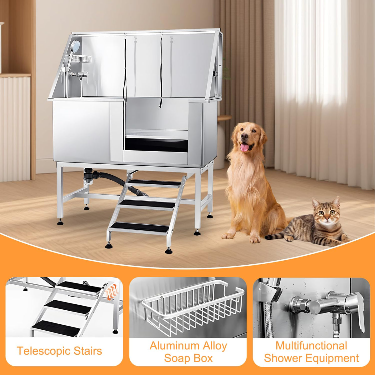 Stainless Steel Dog Grooming Tub with Stairs and Faucet T554