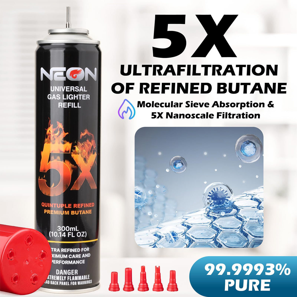300ml Butane Fuel Refill with Metal Nozzle & 5 Adapters, 12 Cans V130