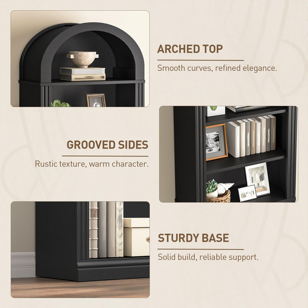 75.8" Tall Narrow 6-Tier Arched Wooden Bookshelf, Black T2716