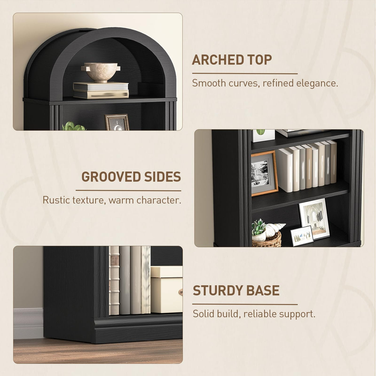 75.8" Tall Narrow 6-Tier Arched Wooden Bookshelf, Black T2716