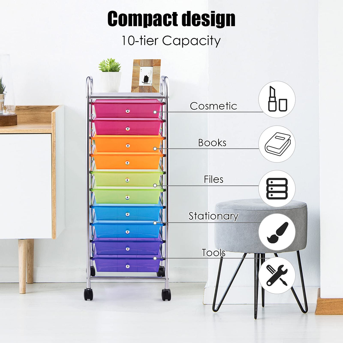 Rolling Storage Cart with 10 Drawers, Utility Cart with Wheels N844074
