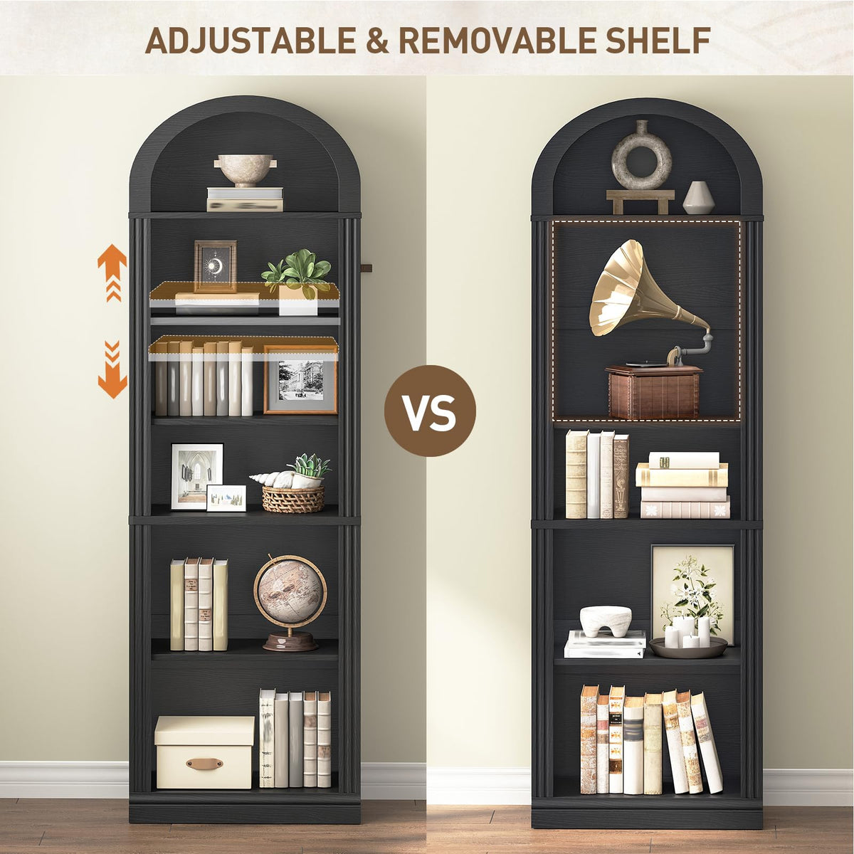 75.8" Tall Narrow 6-Tier Arched Wooden Bookshelf, Black T2716