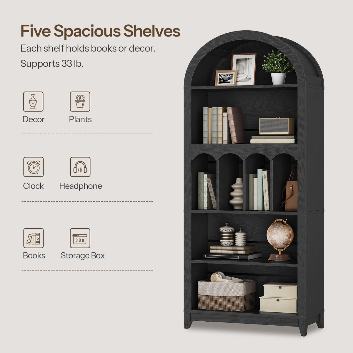 70.9" Tall Arched Wooden Bookcase Q158