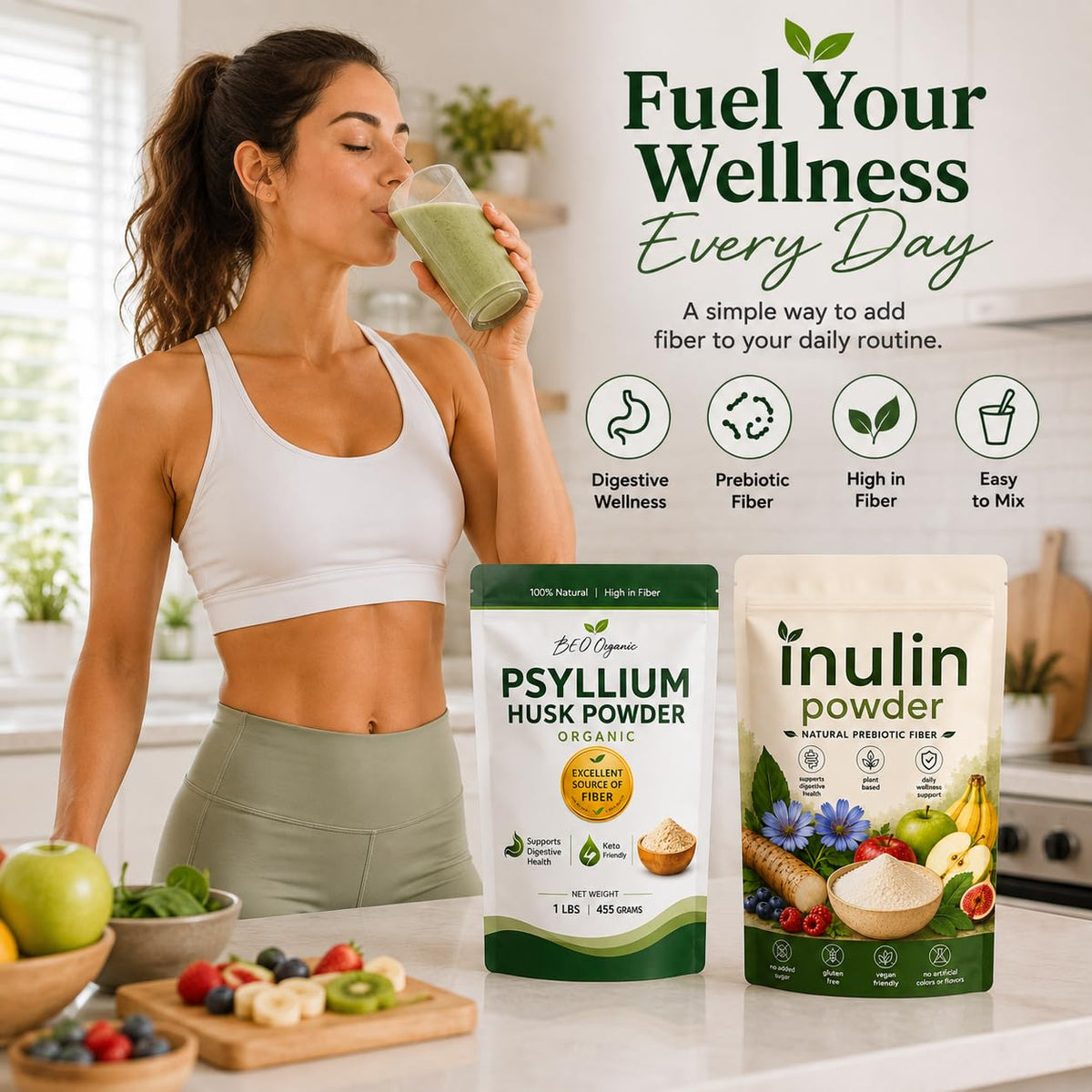 Organic Psyllium Husk Powder and Inulin Powder 2 Pack 1 lb Unflavored I14546