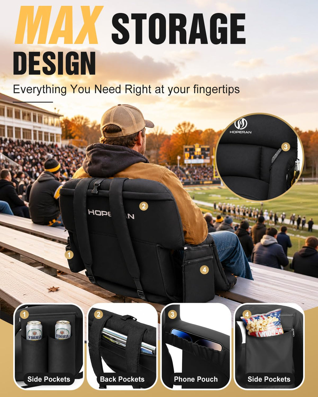 25" Heated Stadium Seats for Bleachers, 4.3" Extra Thick, Black 2PC G652000