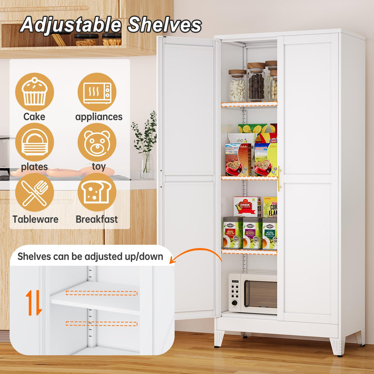 White Metal Pantry Cabinet with 2 Doors and Adjustable Shelves K490351