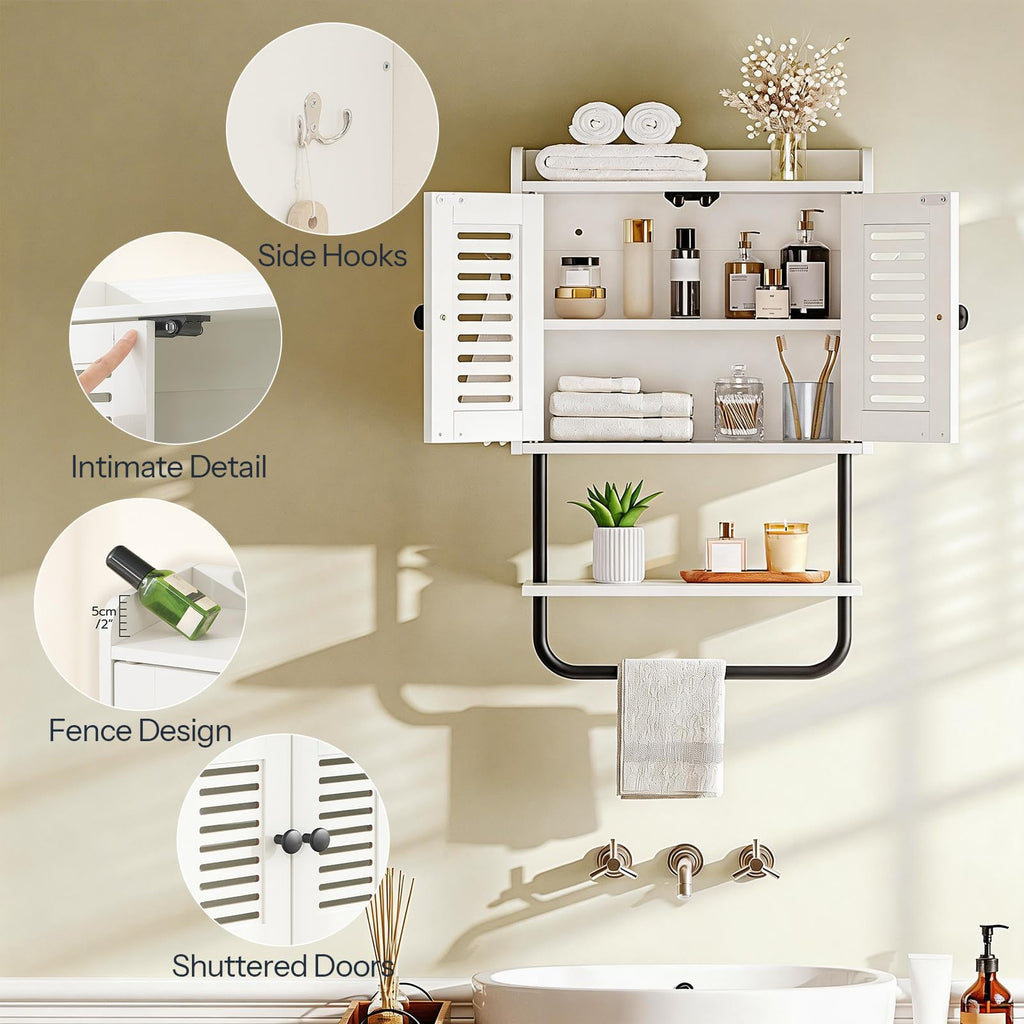 White Double Doors Bathroom Wall Cabinet with Towel Bar, Adjustable Shelf, 2 Hooks H942494