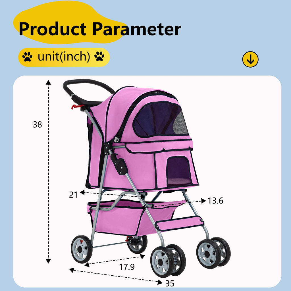 4-Wheel Foldable Pet Stroller Pink Q984