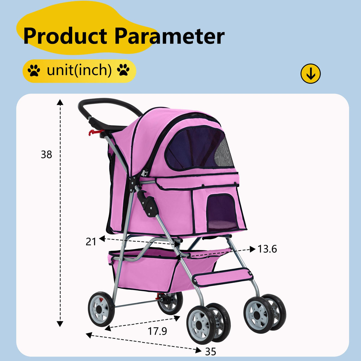 4-Wheel Foldable Pet Stroller Pink Q984