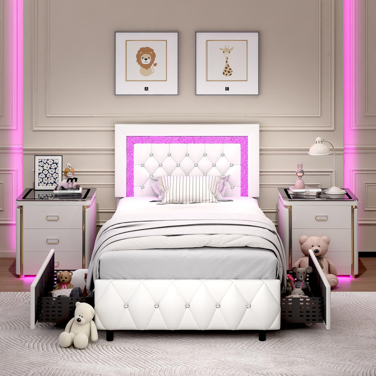 White Twin Bed Frame with Storage Drawers and LED Lights Y5089