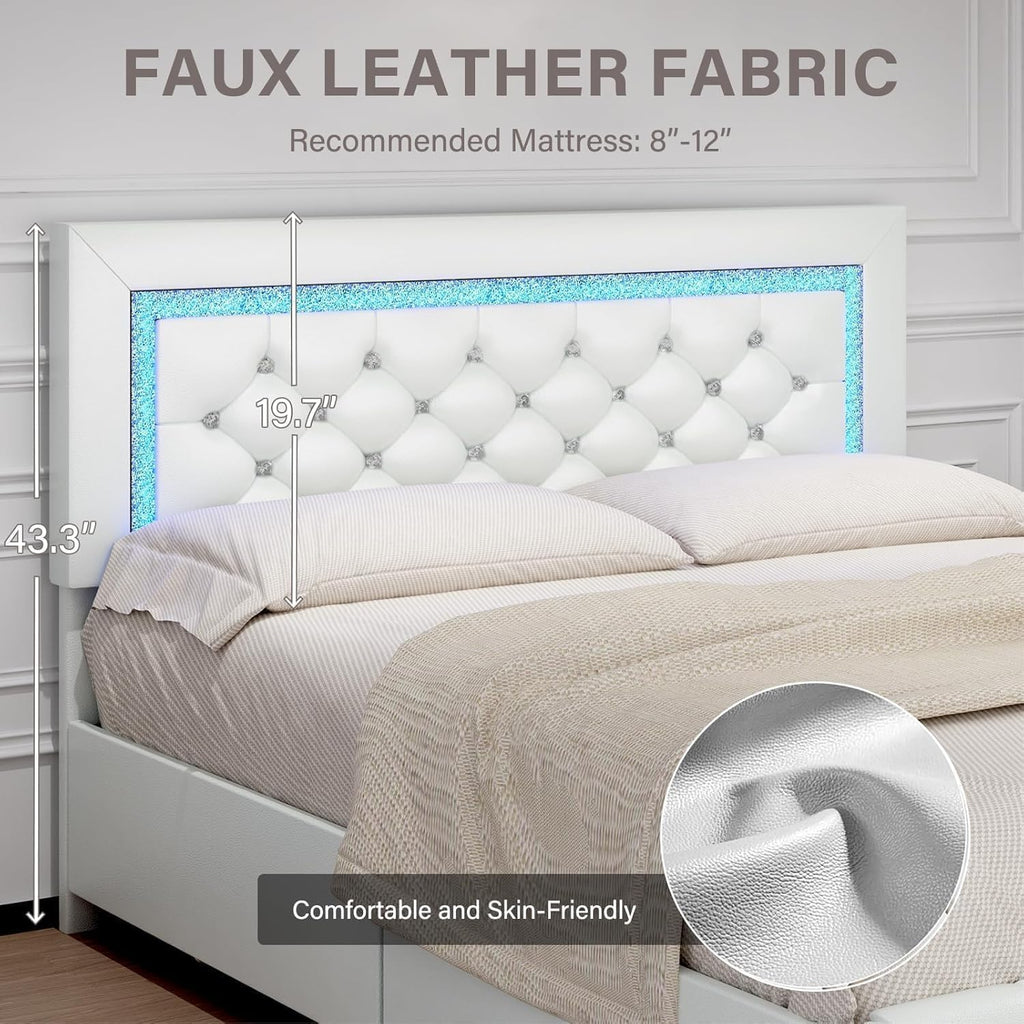 White Twin Bed Frame with Storage Drawers and LED Lights Y5089
