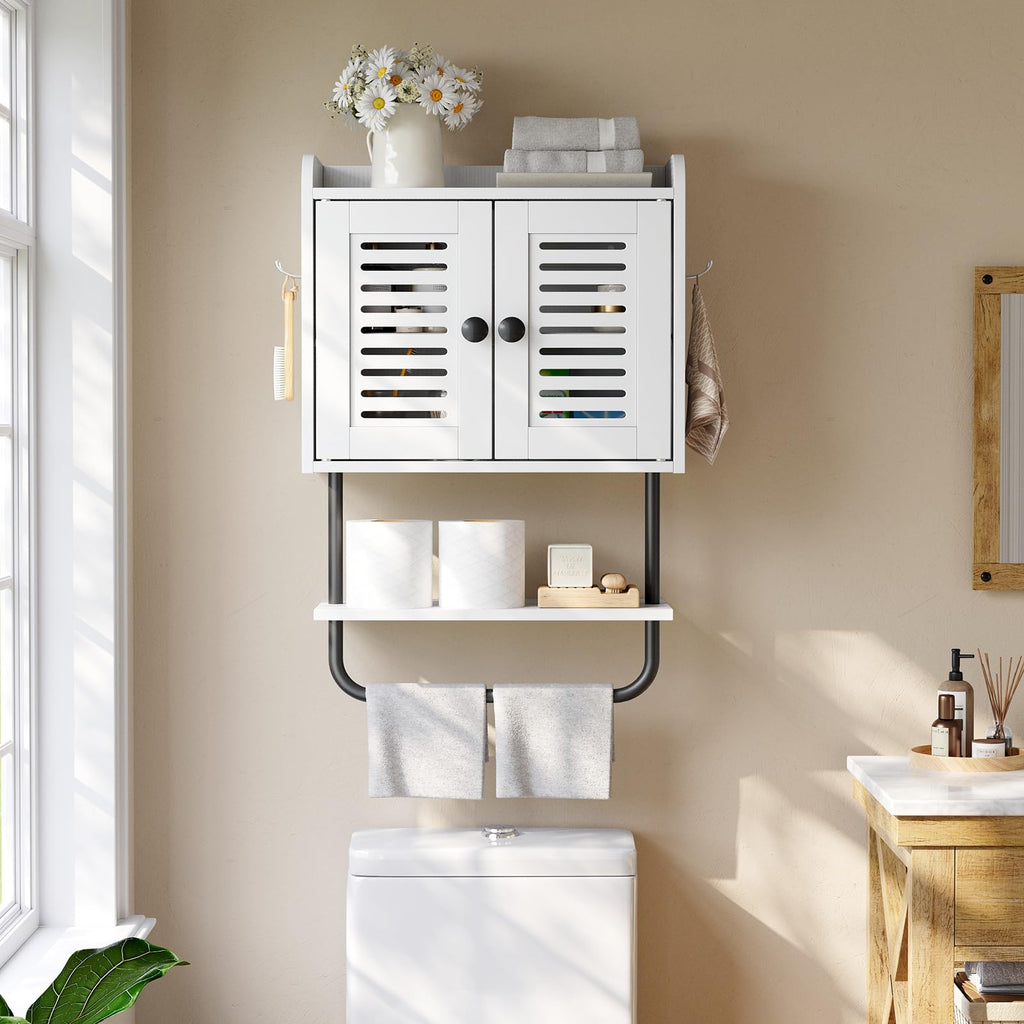 White Double Doors Bathroom Wall Cabinet with Towel Bar, Adjustable Shelf, 2 Hooks H942494
