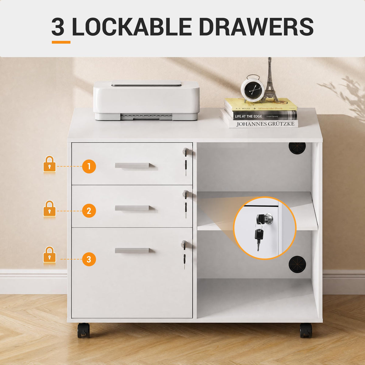 White 3 Drawer Wood File Cabinet with Lock B462282