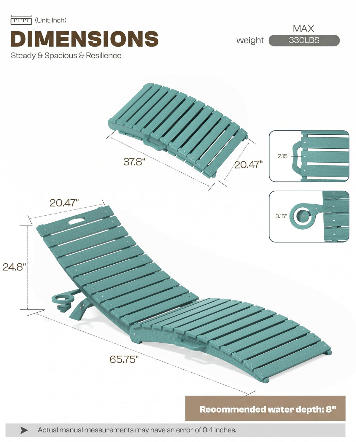 Blue HDPE Pool Chaise Lounge Chairs with Cup Holder, Set of 2 T3015