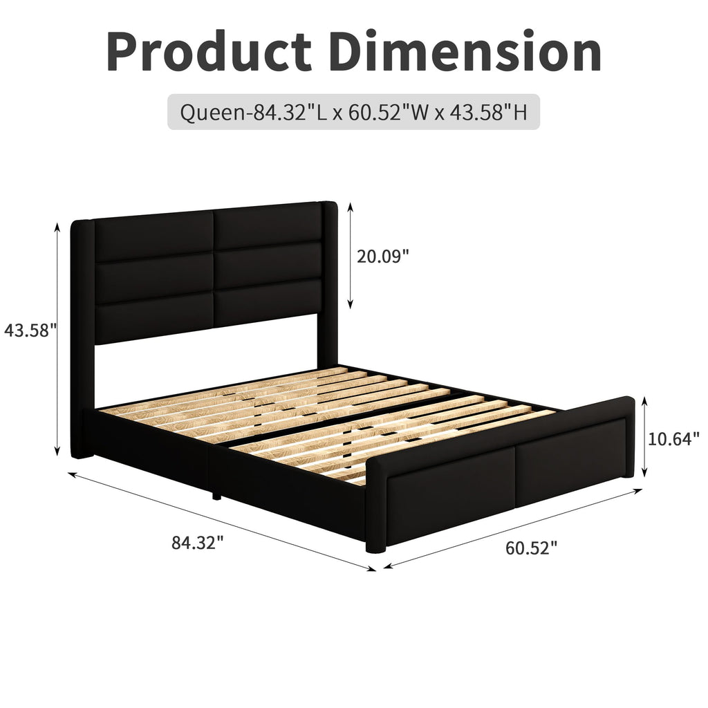 Black Queen Upholstered Bed Frame with Headboard and LED Lights V460021