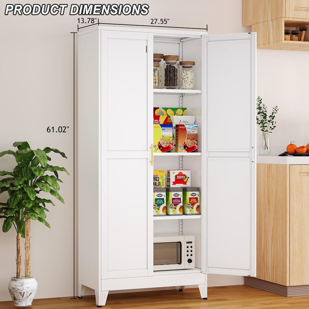 White Metal Pantry Cabinet with 2 Doors and Adjustable Shelves K490351