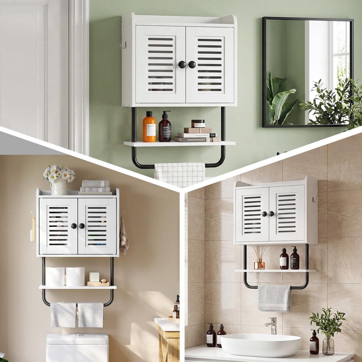 White Double Doors Bathroom Wall Cabinet with Towel Bar, Adjustable Shelf, 2 Hooks H942494