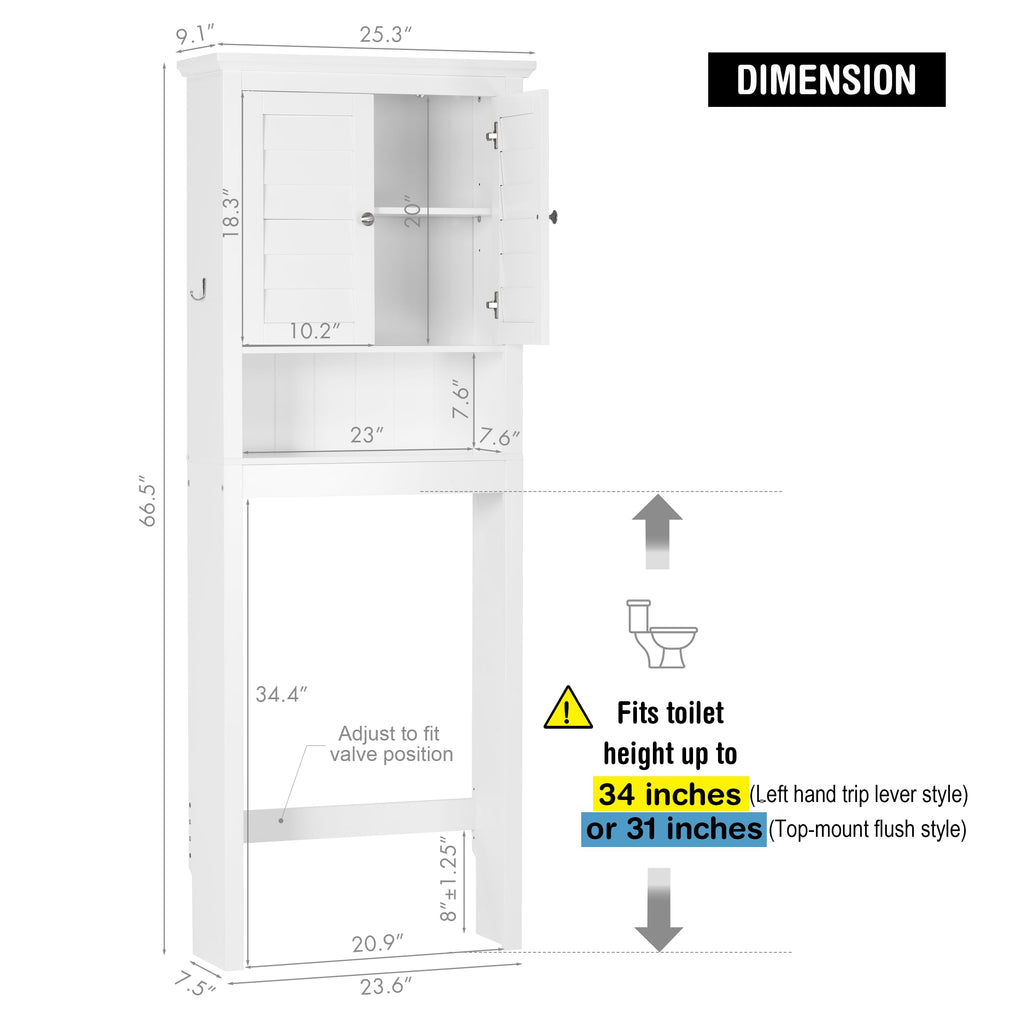 White Over The Toilet Storage Cabinet with Louvered Doors & Hooks R8893